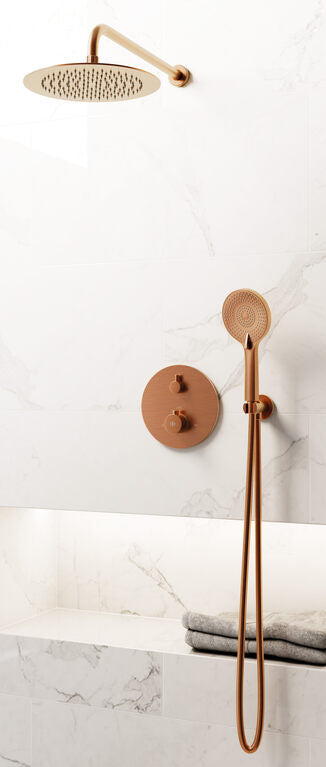 CONJ. EMPOTR. TERMOSTÁTICO ROUND COBRE + ROCIADOR PARED